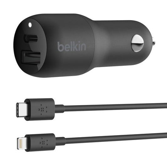 Cargador para auto USB-C y USB-A Belkin BOOSTCHARGE de 37 W con cable Lightning a USB-C